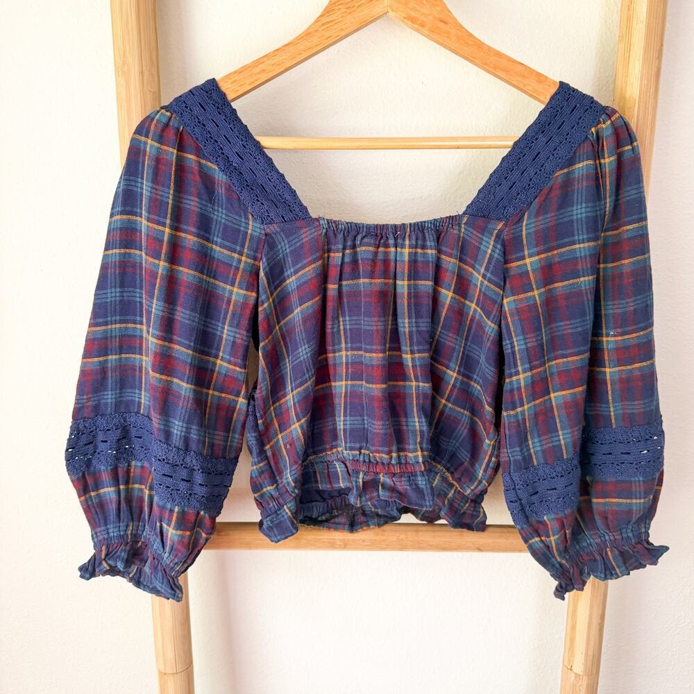 NWT American Eagle Navy Plaid Lace Trim Puff Sleeve Peasant Top XS Cottagecore - Picture 6 of 8